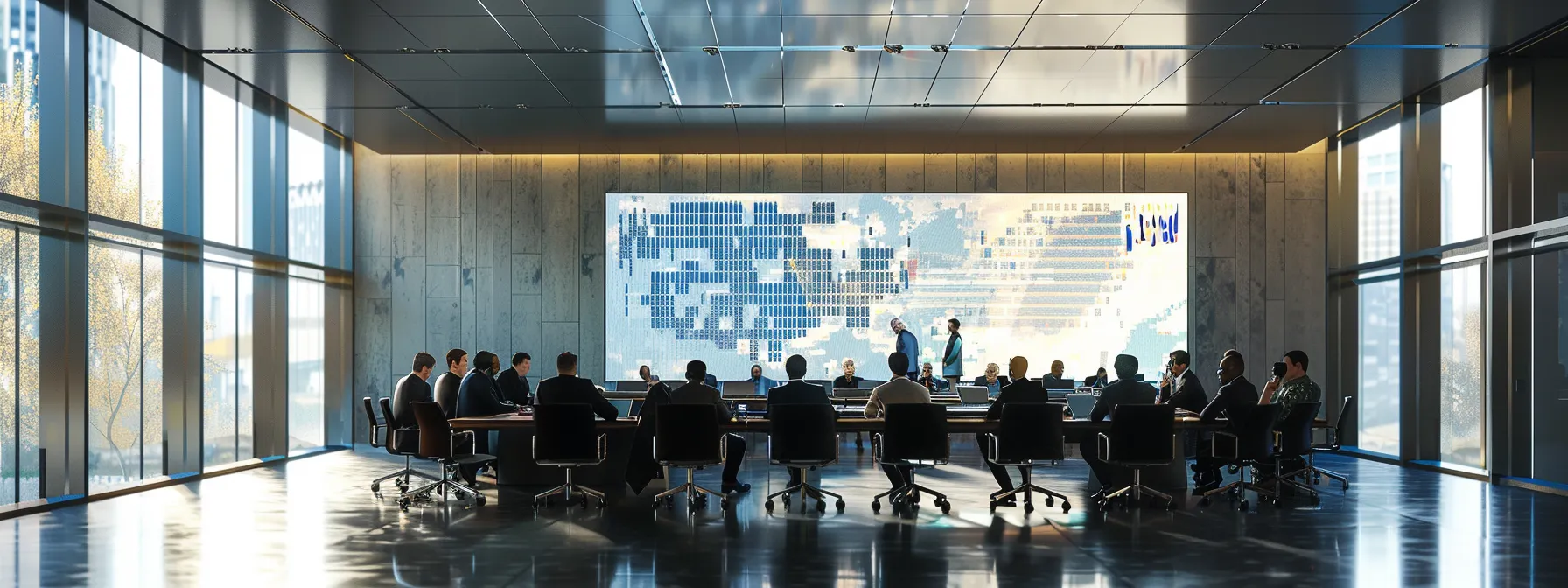 a stark, modern urban meeting room filled with serious policymakers engaged in a focused discussion around a digital display showcasing urgent graphs of water scarcity and climate change effects impacting türkiye and the middle east.